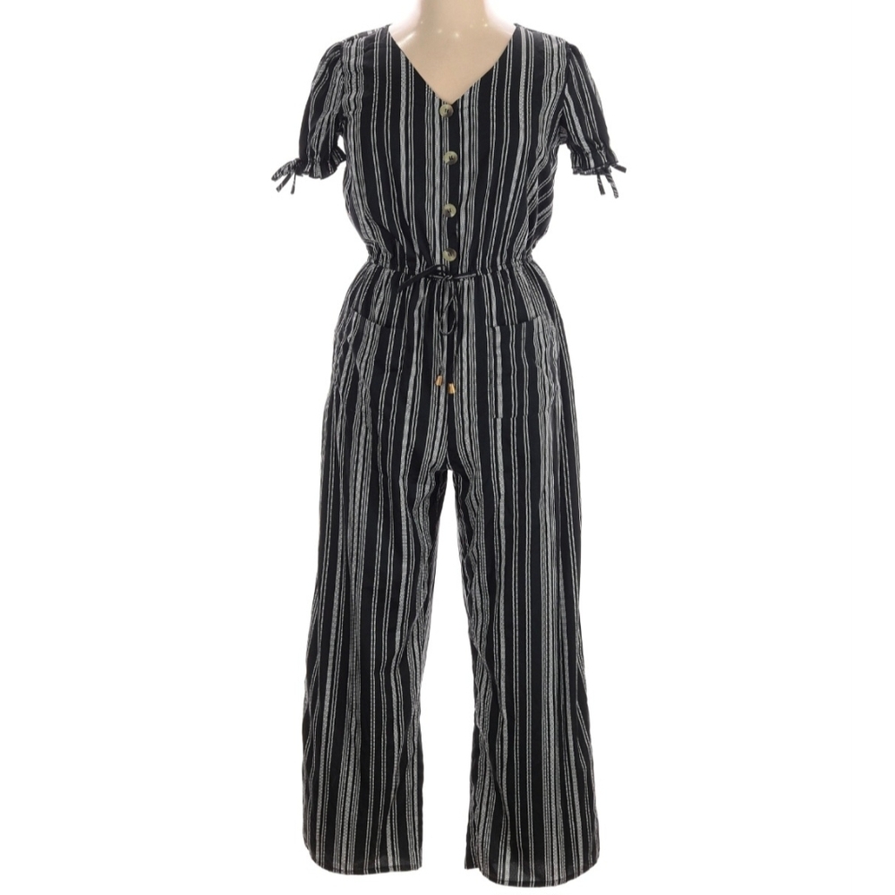 New Summer Striped Short-Sleeve Jumpsuit - Black Size M